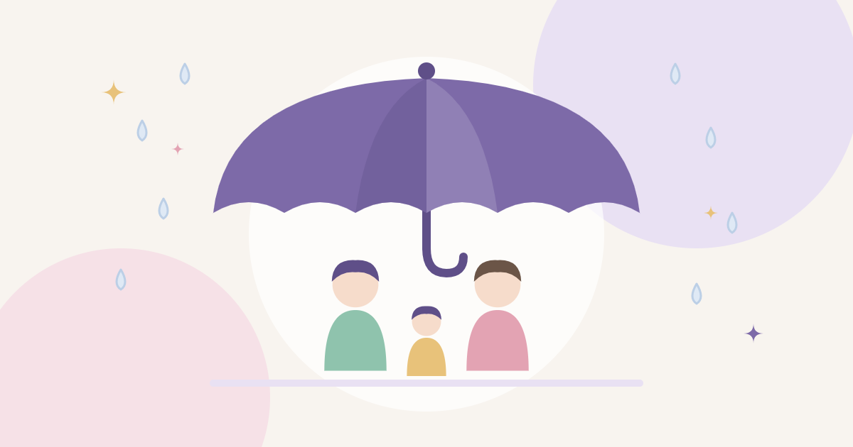 傘の下で守られる家族のイラスト